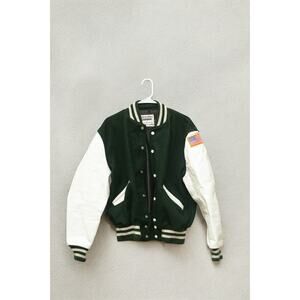 DeLONG Varsity Jacket Green Wool White Leather Sleeves USA Flag Patch Sz 40